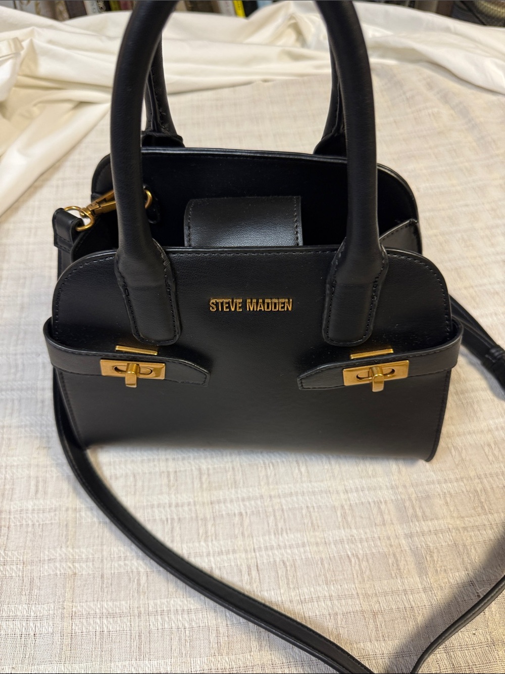 Steve Madden Black Leather Mini Satchel with Gold Hardware - Picture 3 of 8